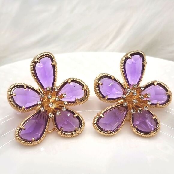 New 18k ANTHROPOLOGIE FLORAL TAPESTRY crystal glass flower earrings - Picture 8 of 11